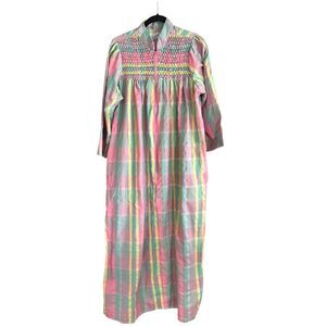 Vintage SAYBURY Pastel Plaid House Coat Pullover With Half Zip Smocked
